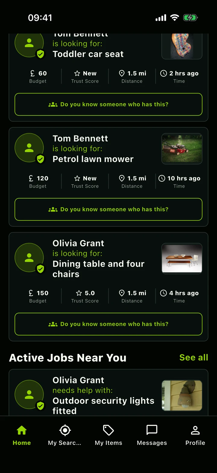 The local PingMi feed showing requests for a lawn mower, dining furniture and outdoor lighting.