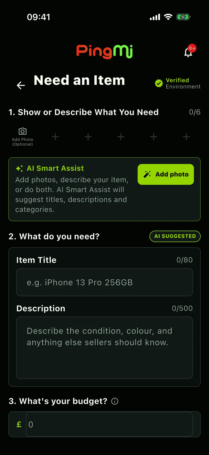 PingMi Need an Item screen with photos, AI Smart Assist, a title, description and budget.
