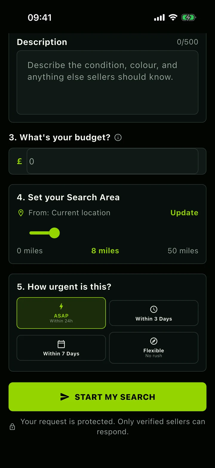 Need an Item settings for budget, search radius and urgency.