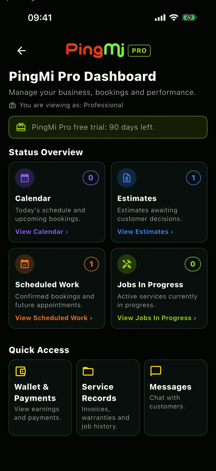 PingMi Pro Dashboard showing estimates, scheduled work, jobs in progress and quick access to records.