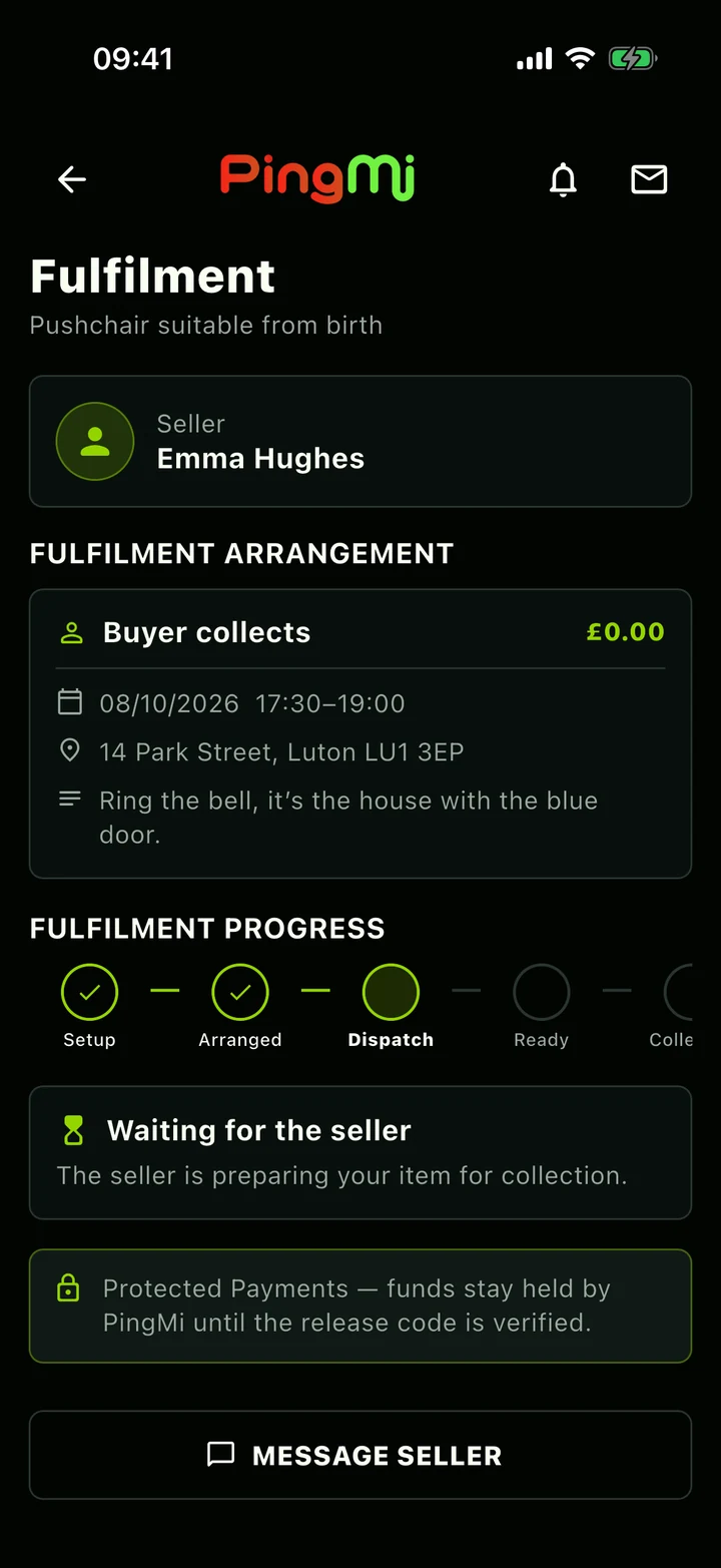 Fulfilment screen showing collection arrangements, progress and the Protected Payments release-code notice.